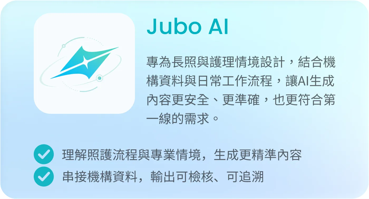 Jubo AI標誌和介紹，專為長照與護理設計，強調數據結合與生成準確內容。