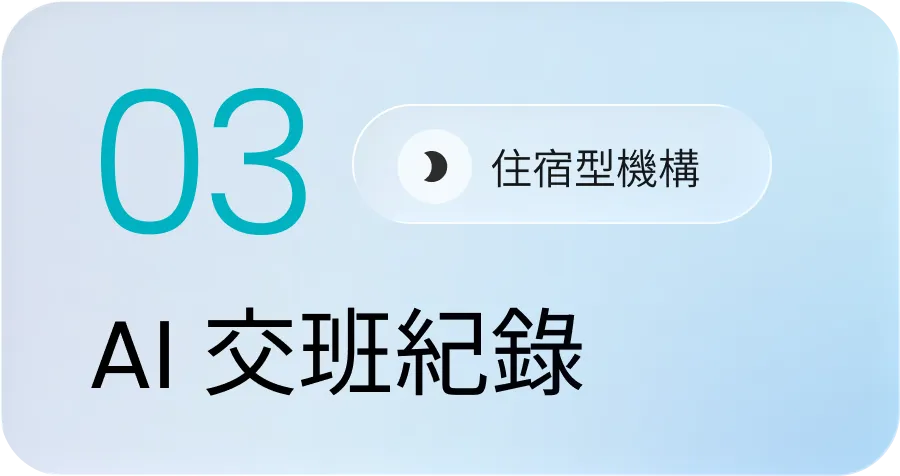 淺藍背景上有數字03和文字住宿型機構 AI交班紀錄