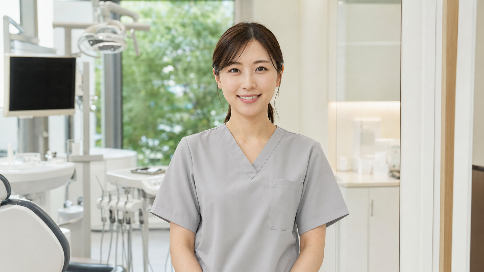 明るい診療室でカメラに向かって微笑む歯科アシスタント