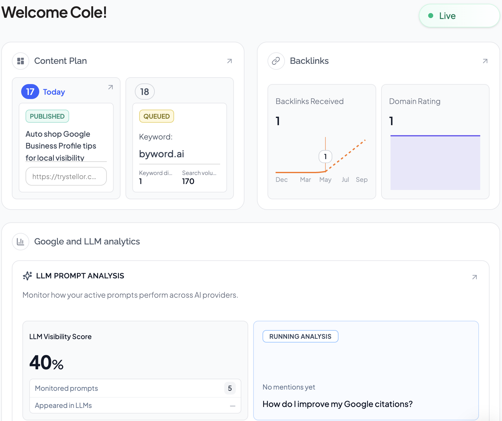 Stellor AI Search Visibility dashboard with LLM visibility score and prompt analysis