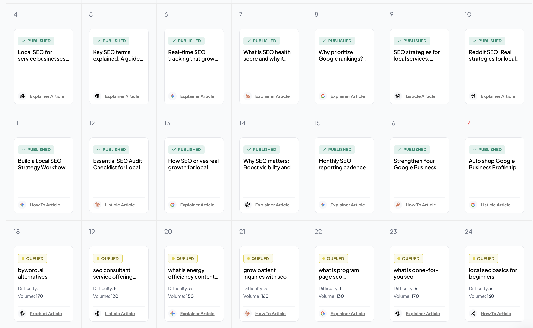 Stellor SEO Content Engine calendar showing published and queued articles