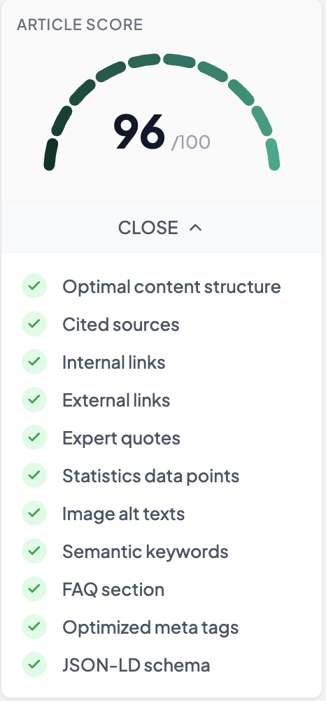 Stellor article quality score 96/100 with full SEO checklist