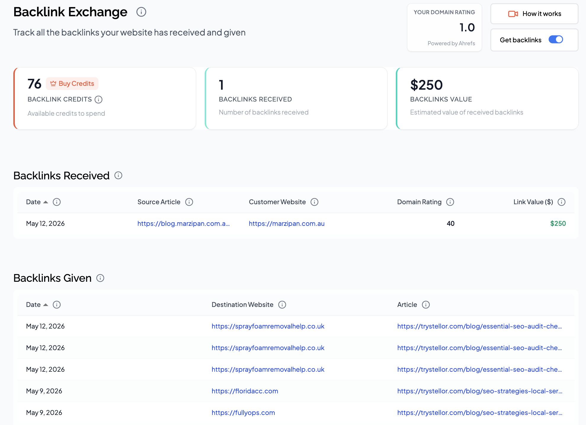 Stellor Backlink Exchange showing backlinks received and given with domain rating