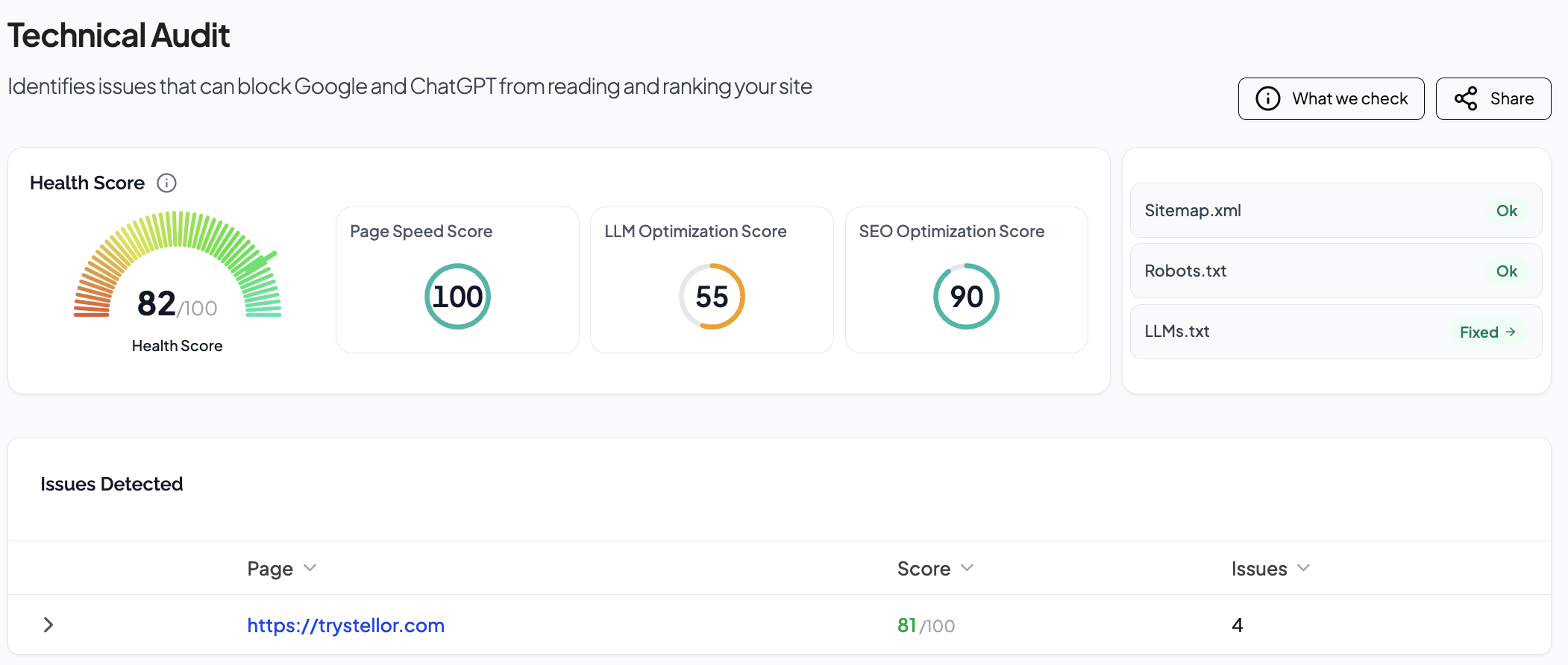 Stellor Technical Audit with health score, page speed, LLM and SEO optimization scores