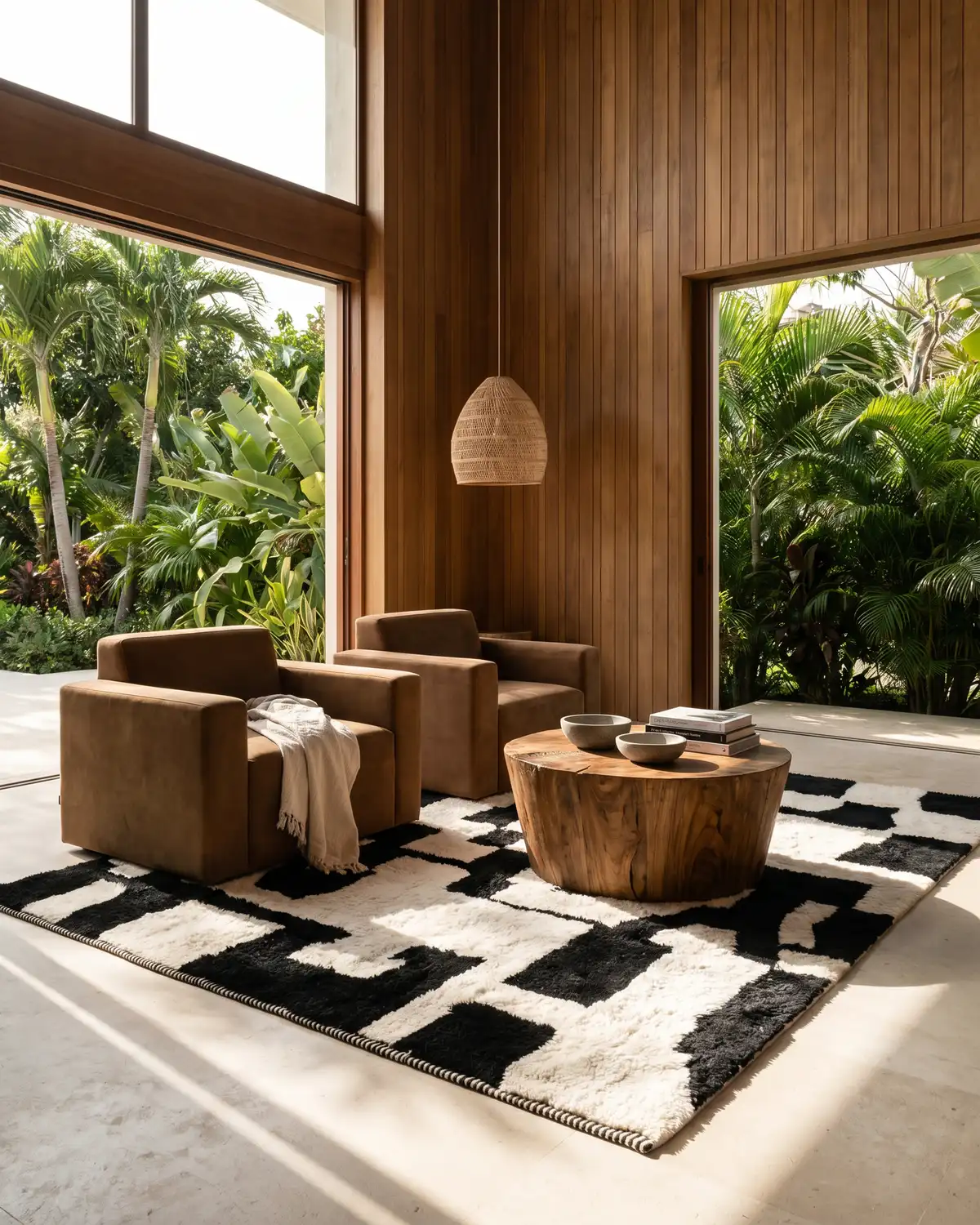 Agatha abstract black and white rug – full interior view with leather armchairs and wood coffee table, tropical garden backdrop