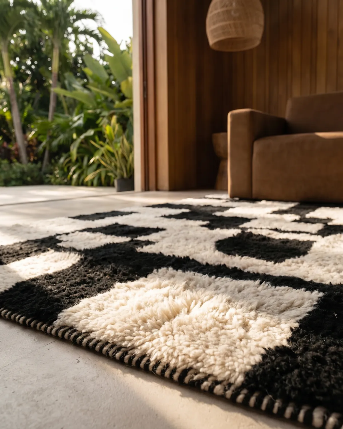 Agatha bold black and white Moroccan rug – ground-level close-up of abstract wool blocks in a tropical living room