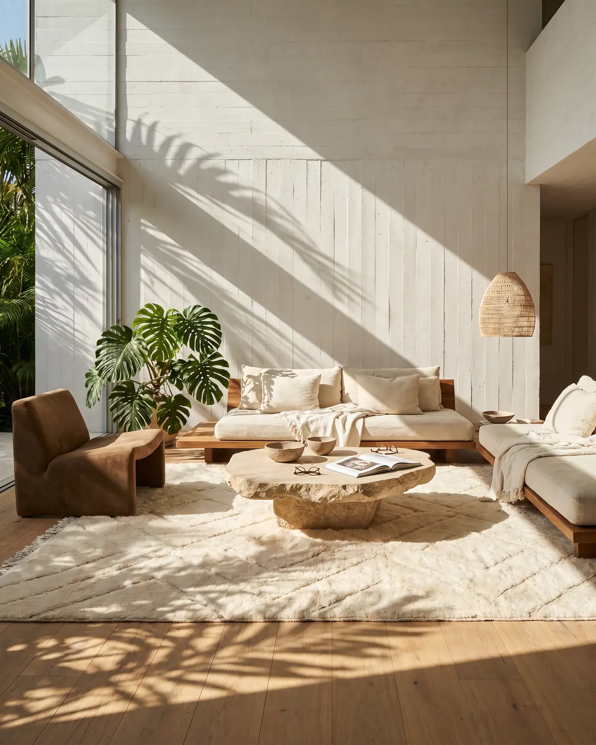 Arel Beni Ourain ivory rug – full interior view in a bright open living room with stone coffee table and rattan pendant light