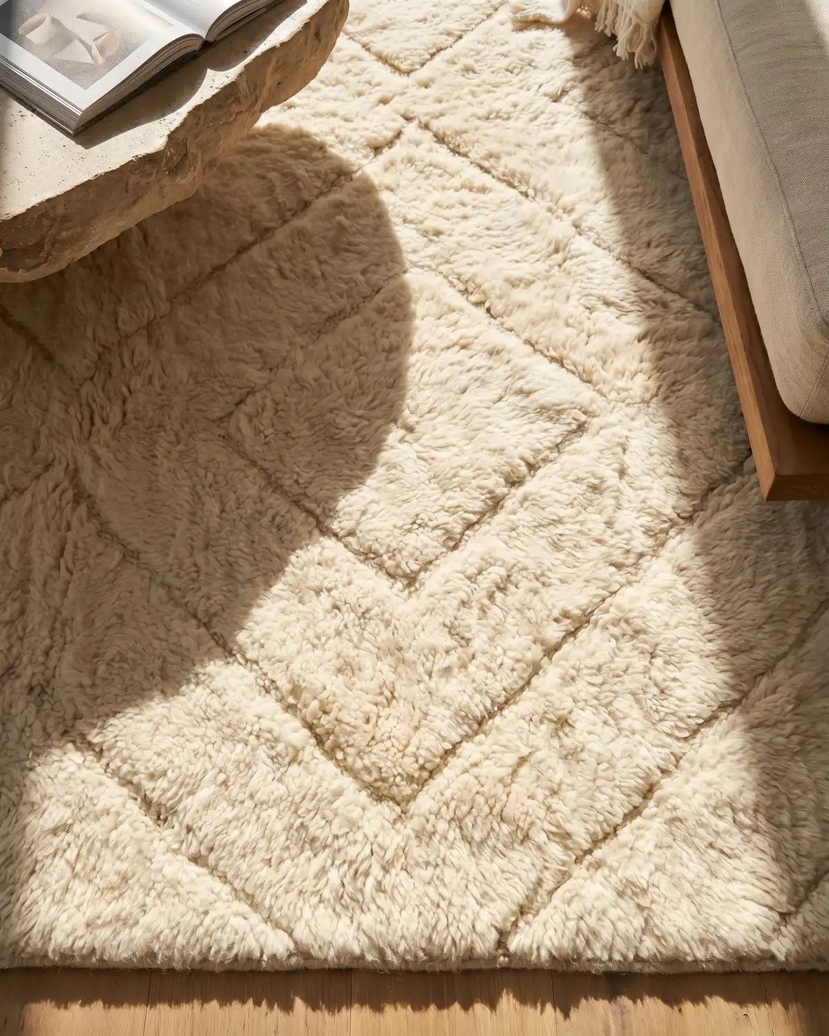 Arel white diamond relief Moroccan rug – overhead detail of subtle geometric pattern in natural sunlight with stone coffee table