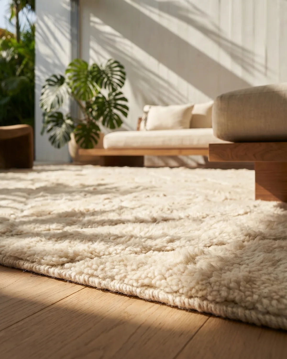 Arel fluffy ivory Moroccan rug – ground-level close-up of dense white wool texture in a sunlit room with wood sofa frame