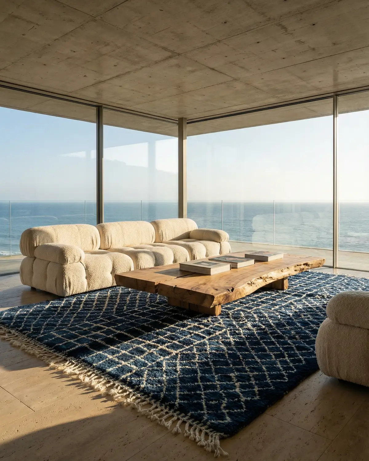 Azura navy blue diamond Moroccan rug – full interior view in a concrete oceanfront living room with white bouclé sofa and wood coffee table