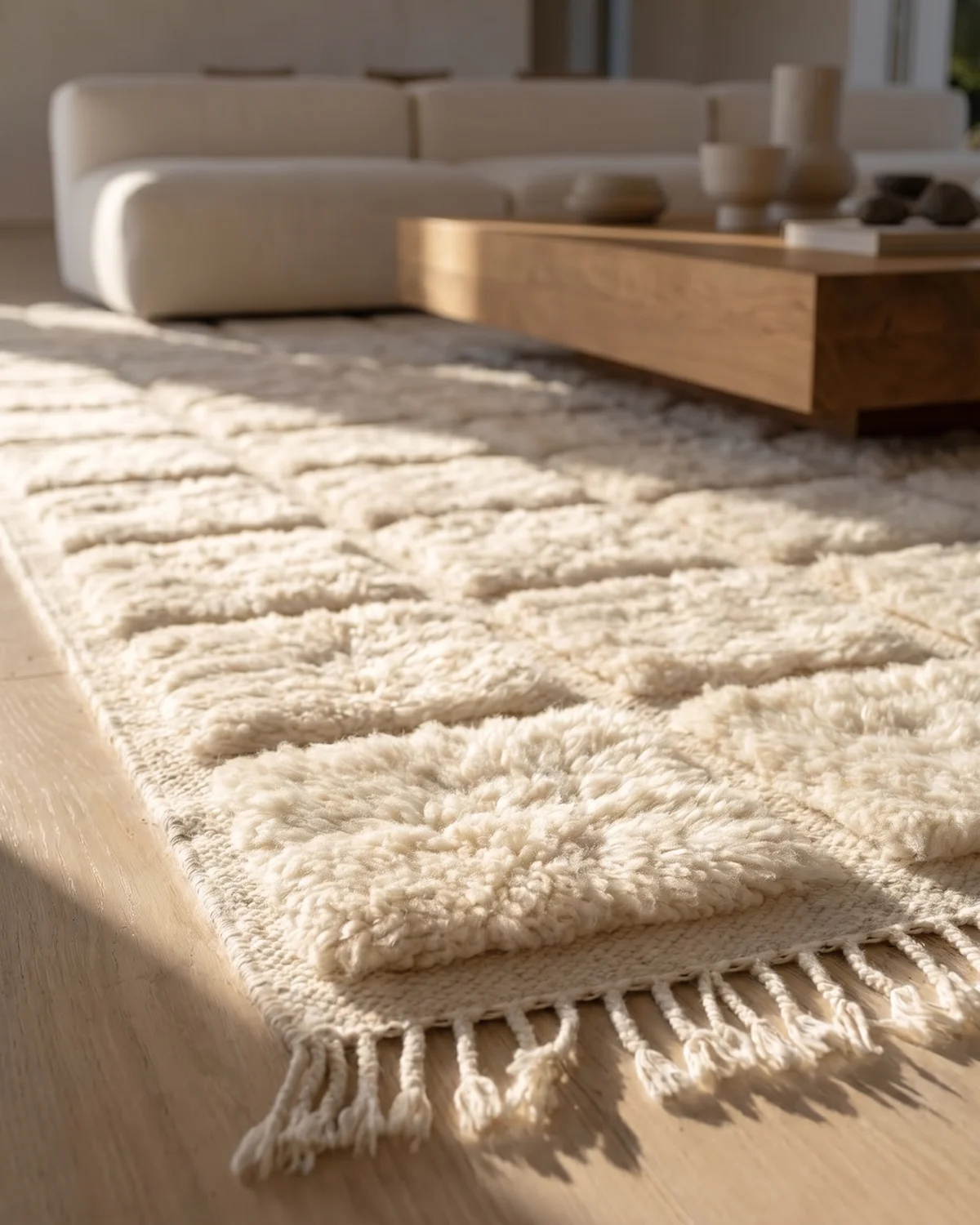 Claranis textured grid wool rug – ground-level close-up of square relief pattern and fringe in a sunlit living room