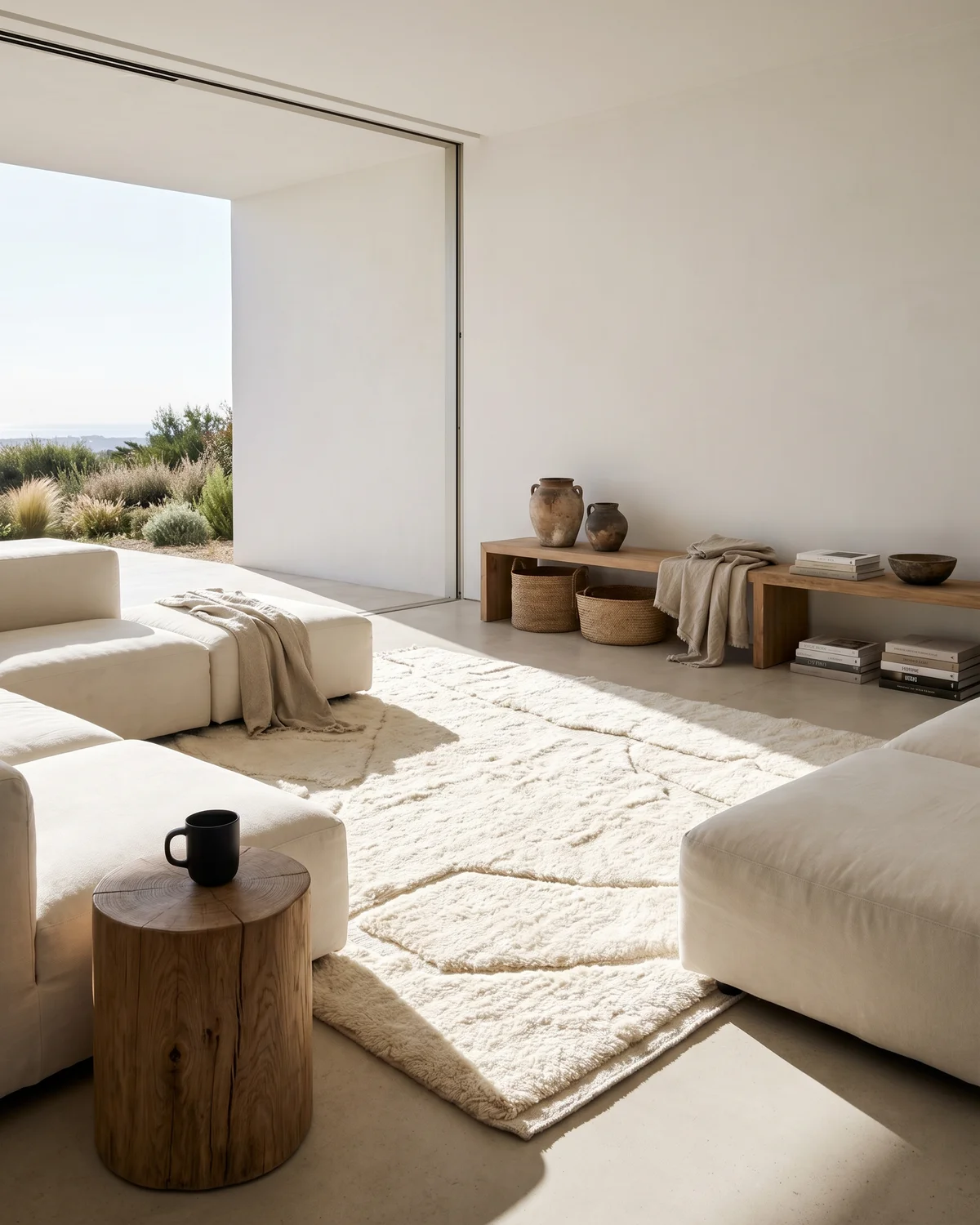 Coco ivory shaggy rug – full interior view in a bright minimal living room with open landscape view