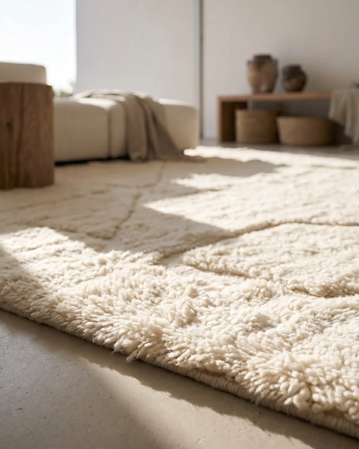 Coco shaggy Moroccan wool rug – close-up of dense fluffy white texture in a minimalist living room