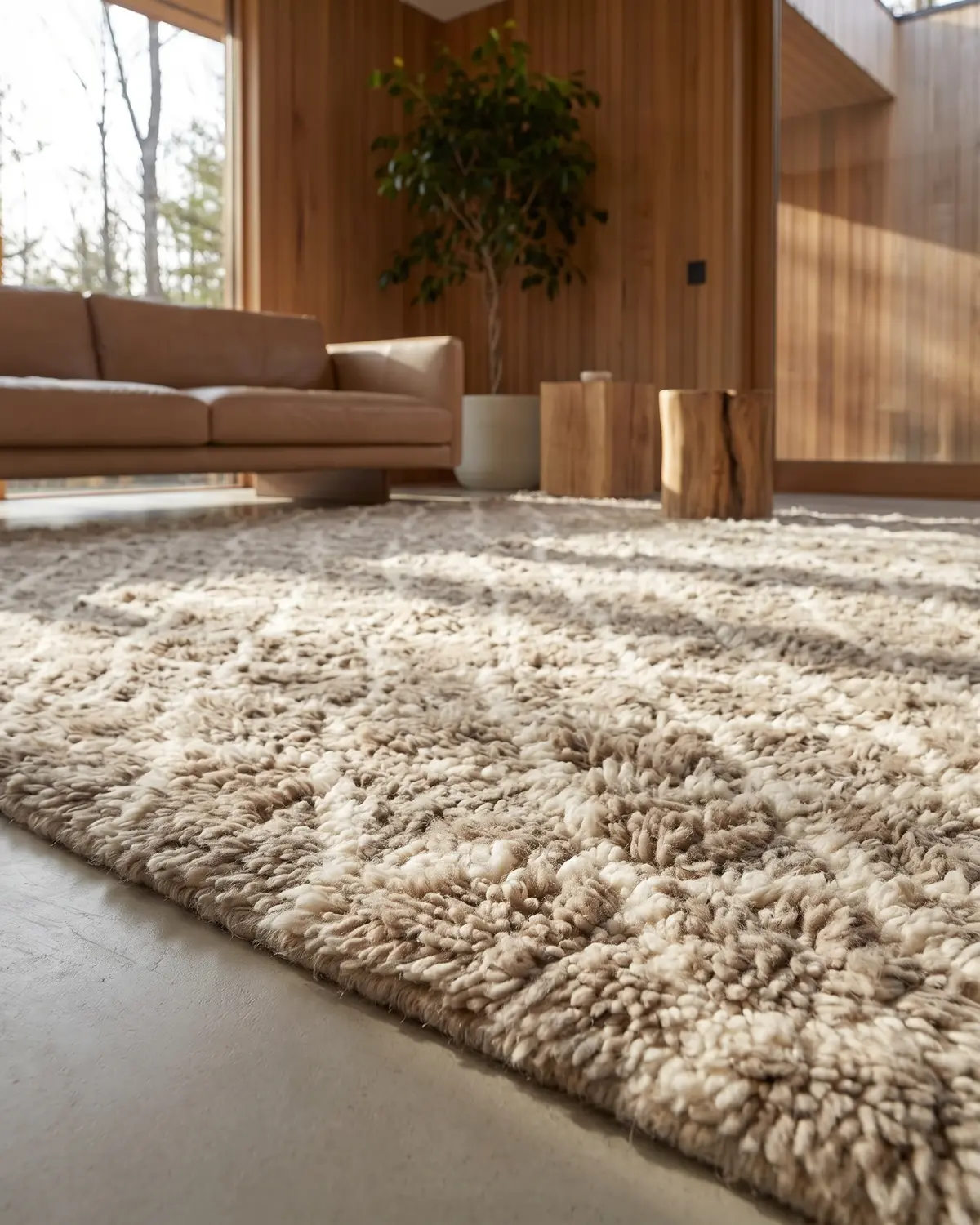 Deserelle beige diamond Moroccan rug – full interior view styled with a leather sofa in a warm wood-panelled roomvv