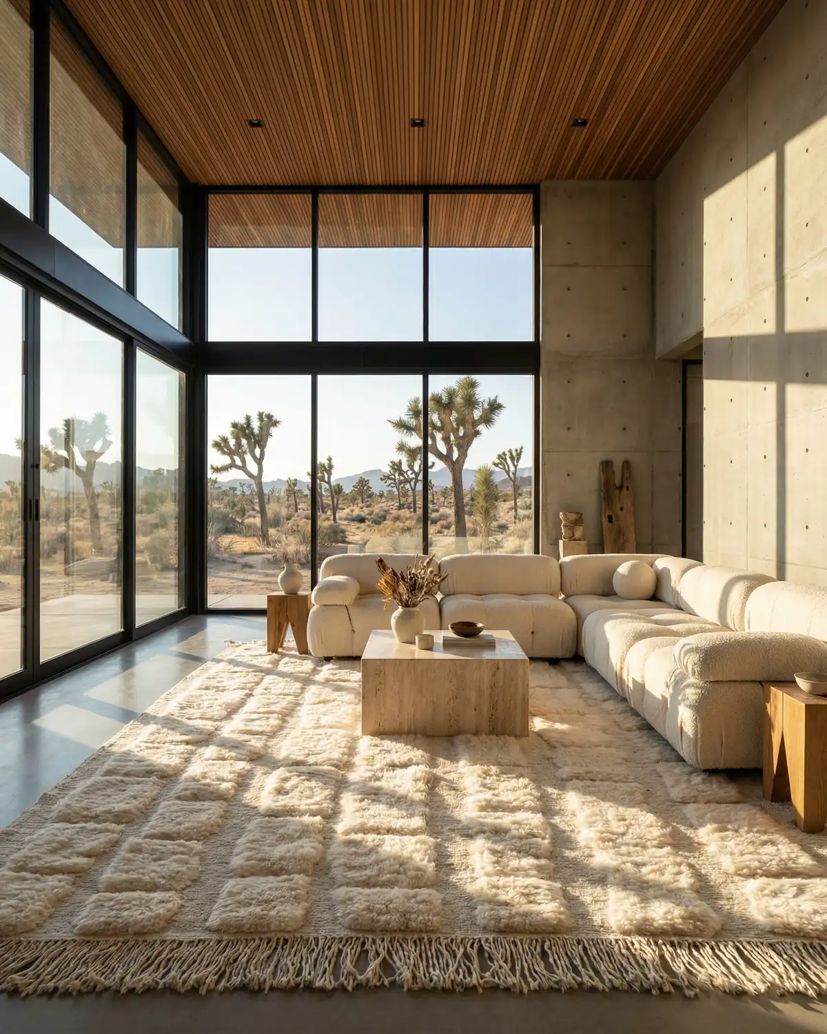 Elio ivory sculpted block Moroccan rug – full interior view in a desert living room with bouclé sofa, travertine coffee table and Joshua tree view