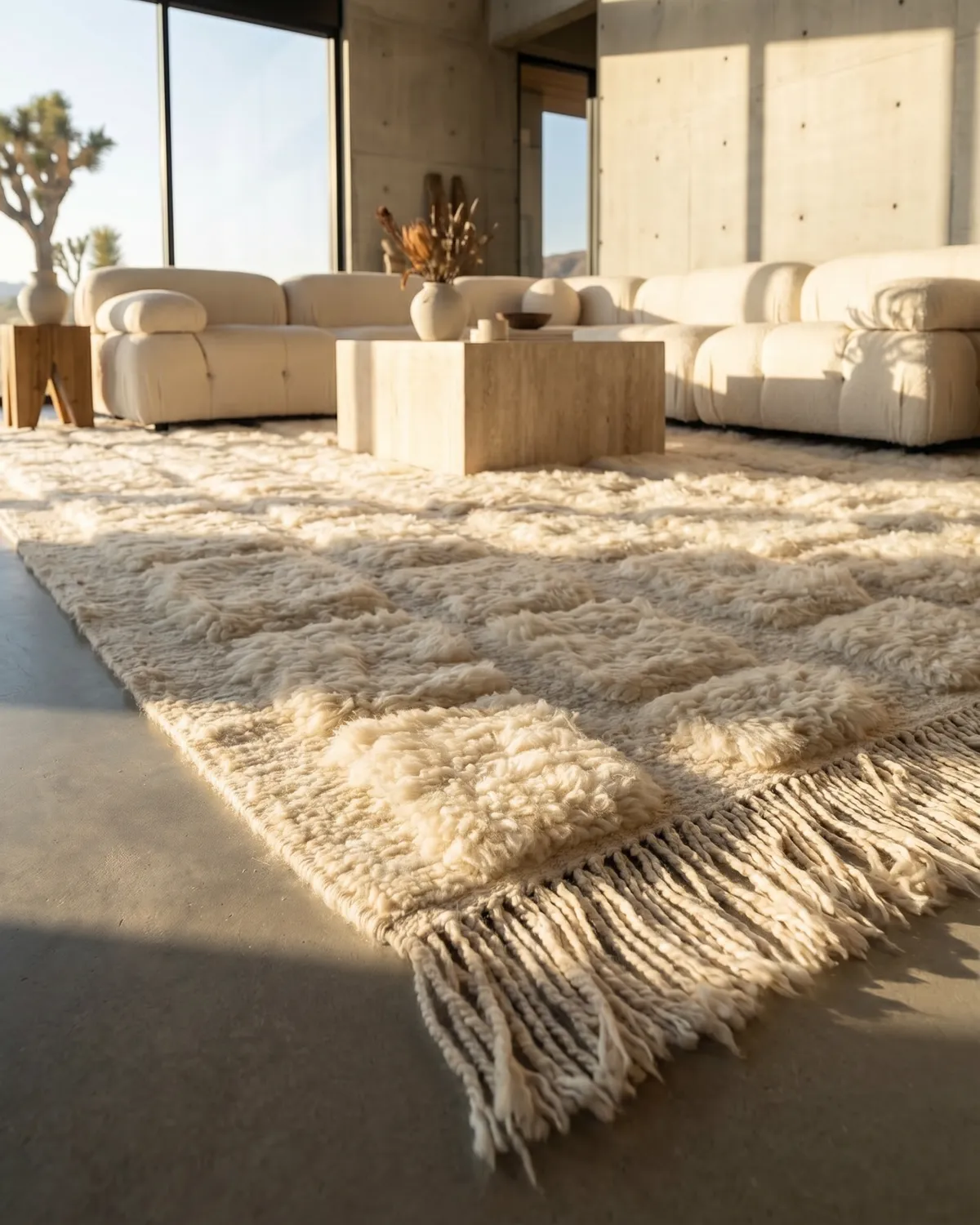 Elio fluffy ivory textured rug – ground-level view of sculptural wool blocks and thick fringe in a concrete and desert interior