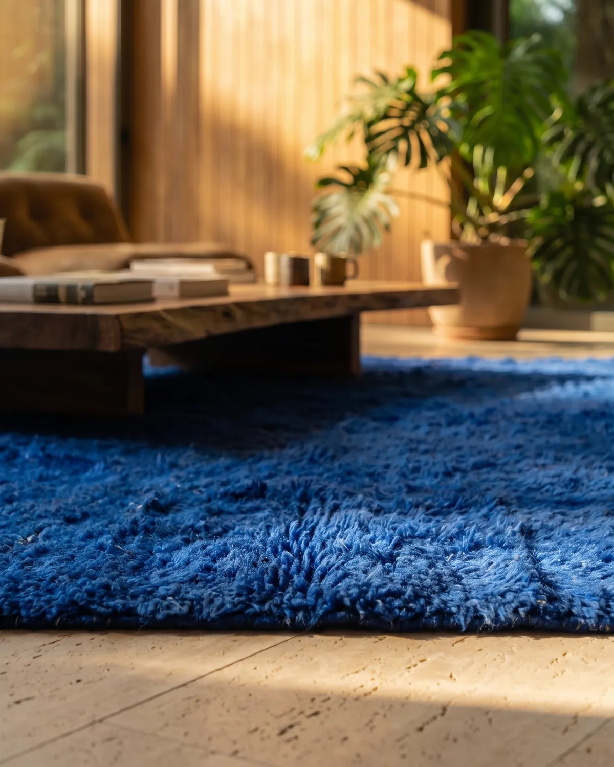 Garance royal blue shaggy Moroccan rug – ground-level view in a warm wood living room with monstera plant and low coffee table