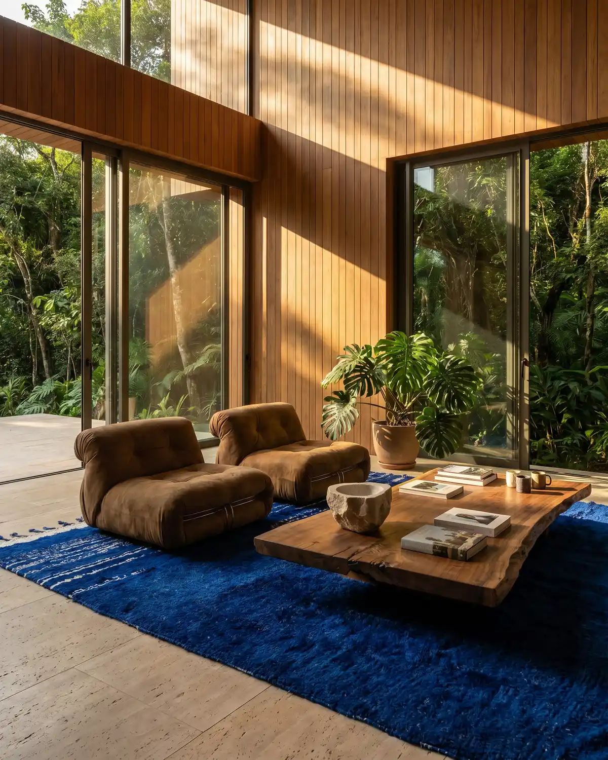 Garance solid blue Moroccan wool rug – full interior view in a tropical wood-panelled room with brown lounge chairs and raw wood coffee table