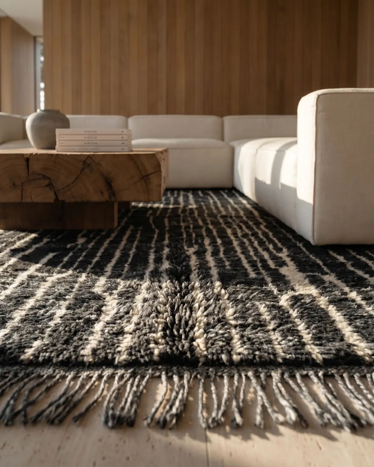 Hector black wool Moroccan rug – ground-level close-up of vertical line texture in a warm wood living room
