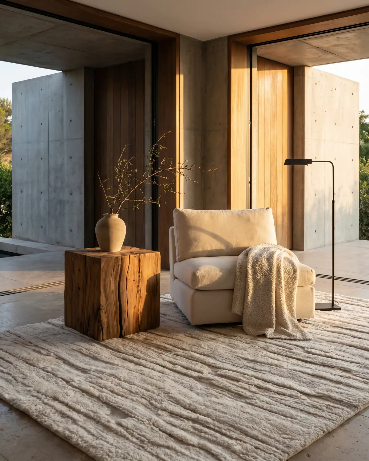 Lili organic wool rug – full interior view in a concrete and wood architectural space with armchair and raw wood side table