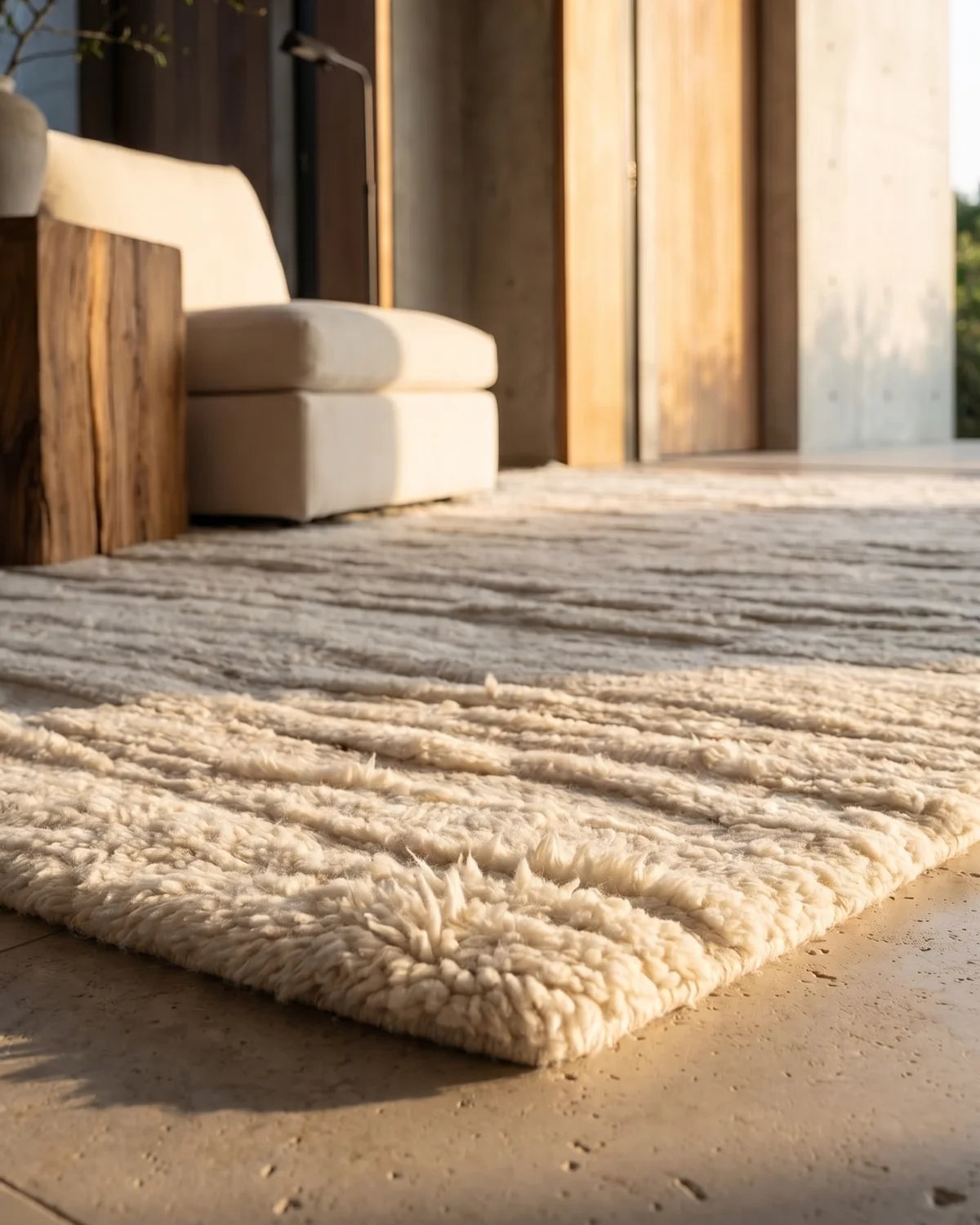 Lili ivory textured Moroccan rug – ground-level close-up of horizontal wool layers in a warm wood and concrete room