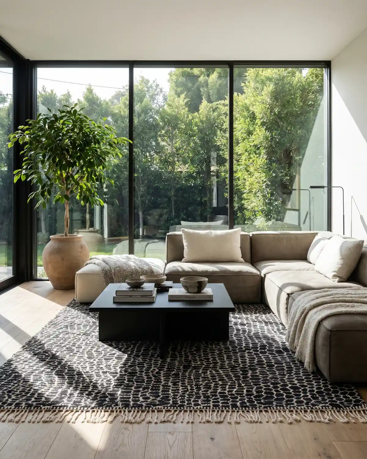 Lior animal-pattern Moroccan wool rug – full interior view in a modern living room with floor-to-ceiling windows