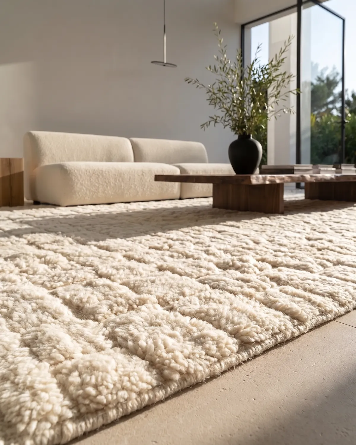 Louis fluffy ivory textured rug – ground-level close-up of raised rectangular pattern in a minimalist room with white sofa and black vase