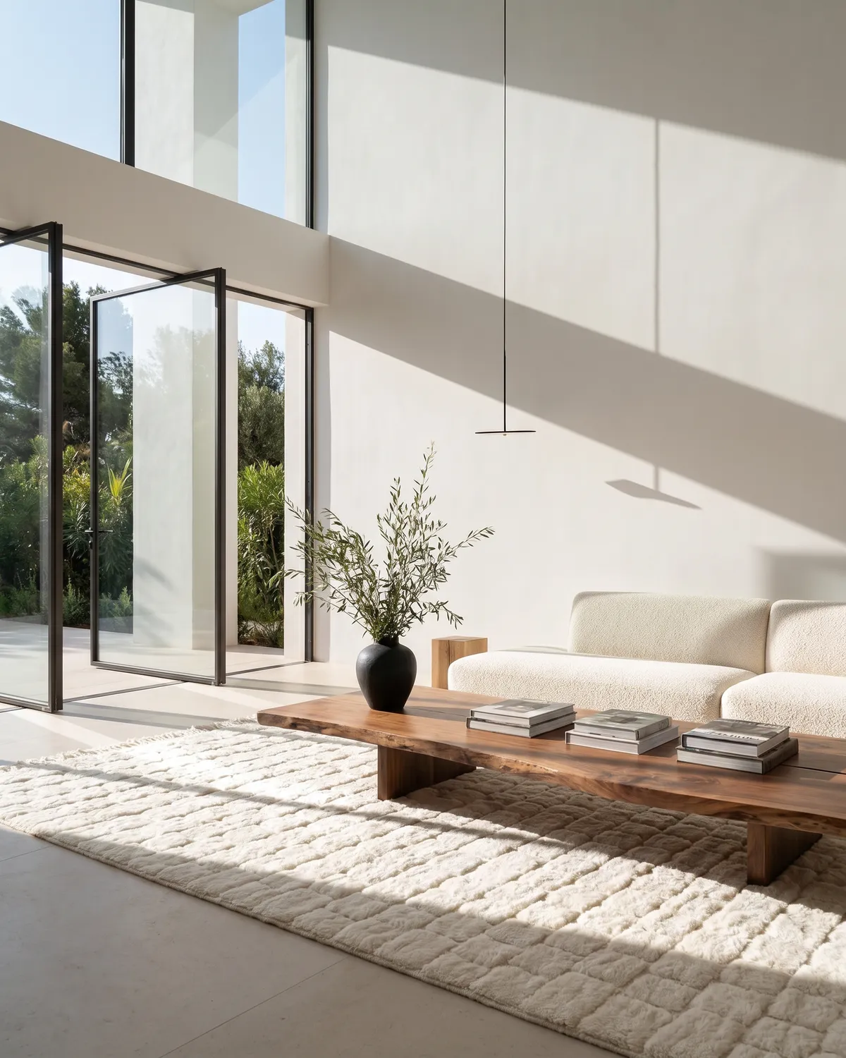 Louis ivory rectangular block Moroccan rug – full interior view in a bright double-height living room with white bouclé sofa and raw wood coffee table