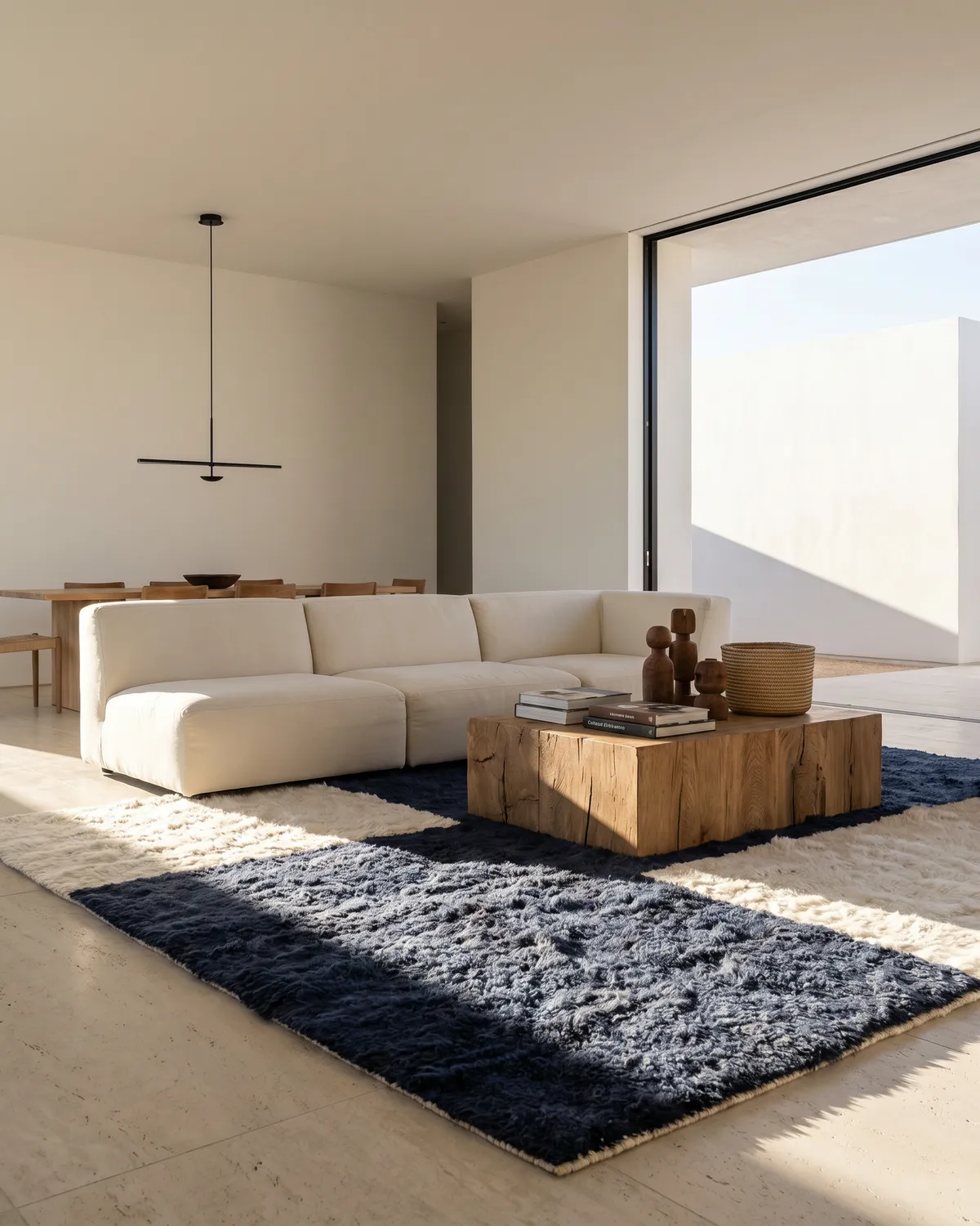 Lunama blue and white color block rug – full interior view in a bright minimalist room with white sofa and raw wood coffee table