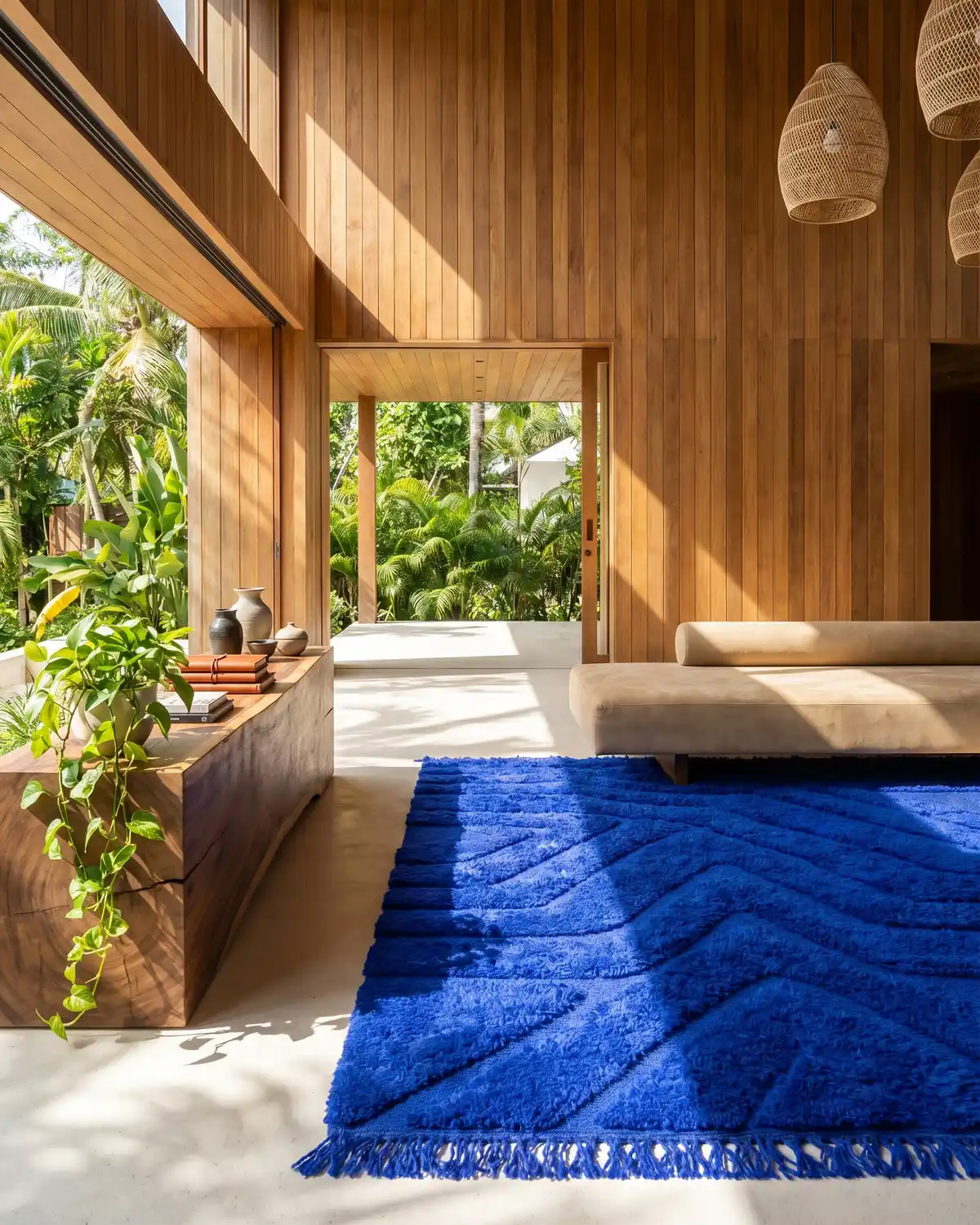 Mila blue geometric relief rug – full interior view in a warm wood-panelled tropical room with rattan pendants and linen daybed