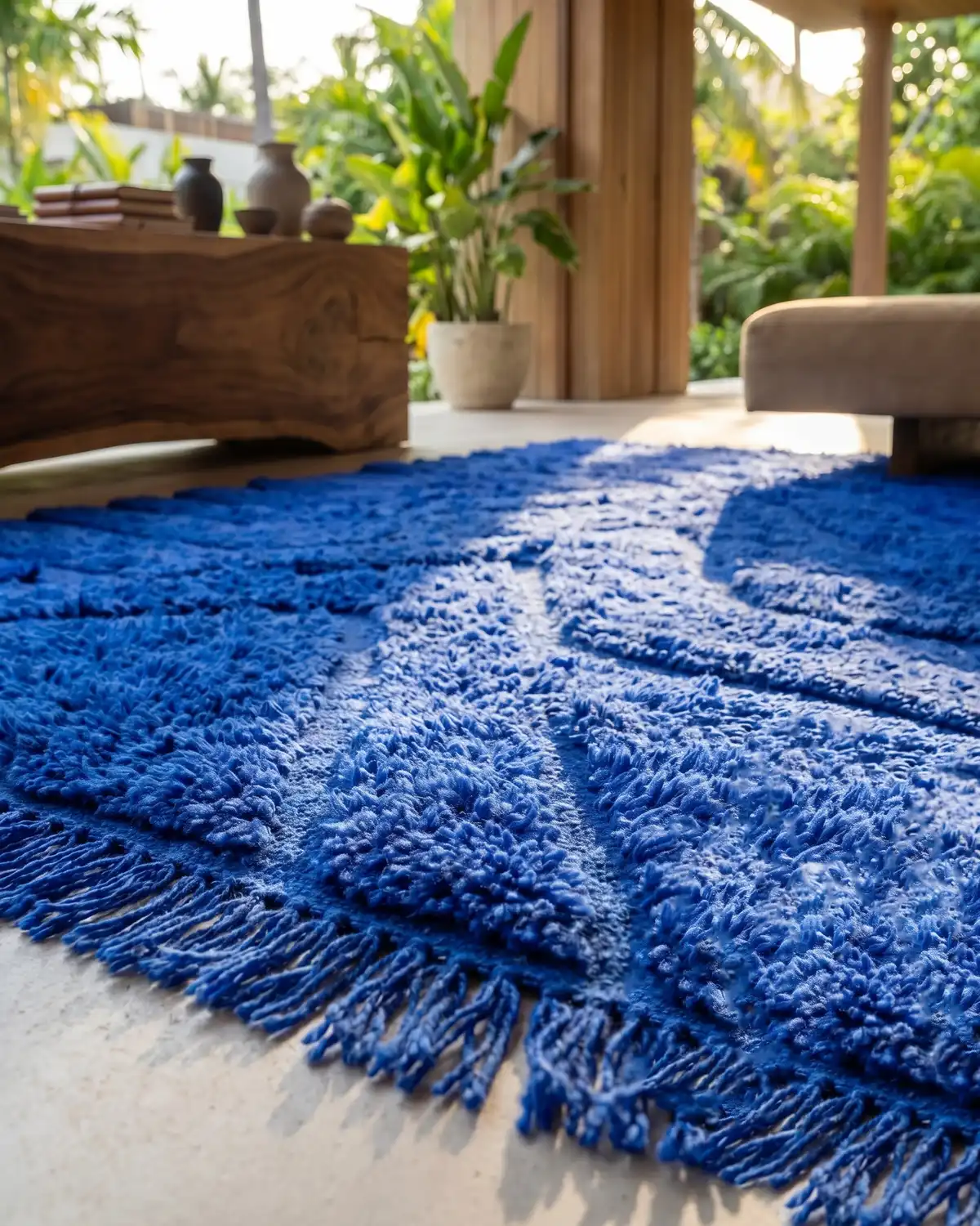 Mila royal blue Moroccan rug – ground-level close-up of dense blue wool relief and fringe in a tropical wood interior
