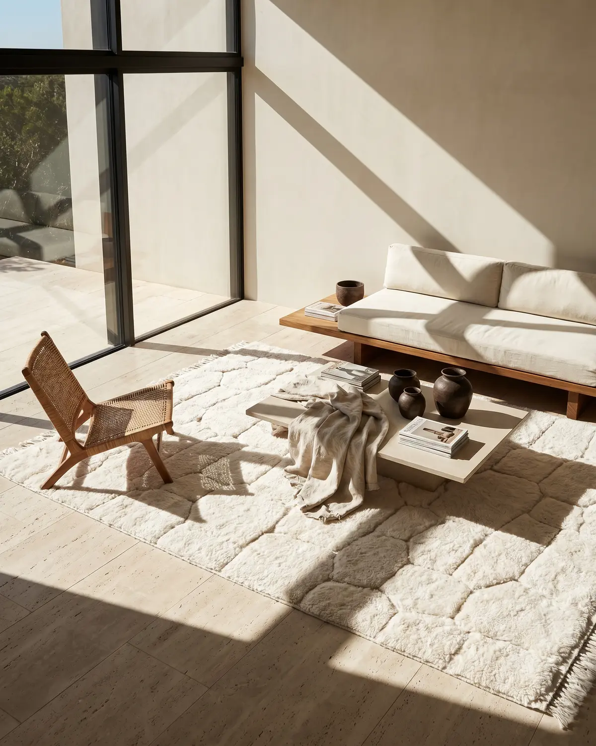 Nema ivory organic block Moroccan rug – full interior view in a bright minimalist room with rattan chair, low wood sofa and stone coffee table