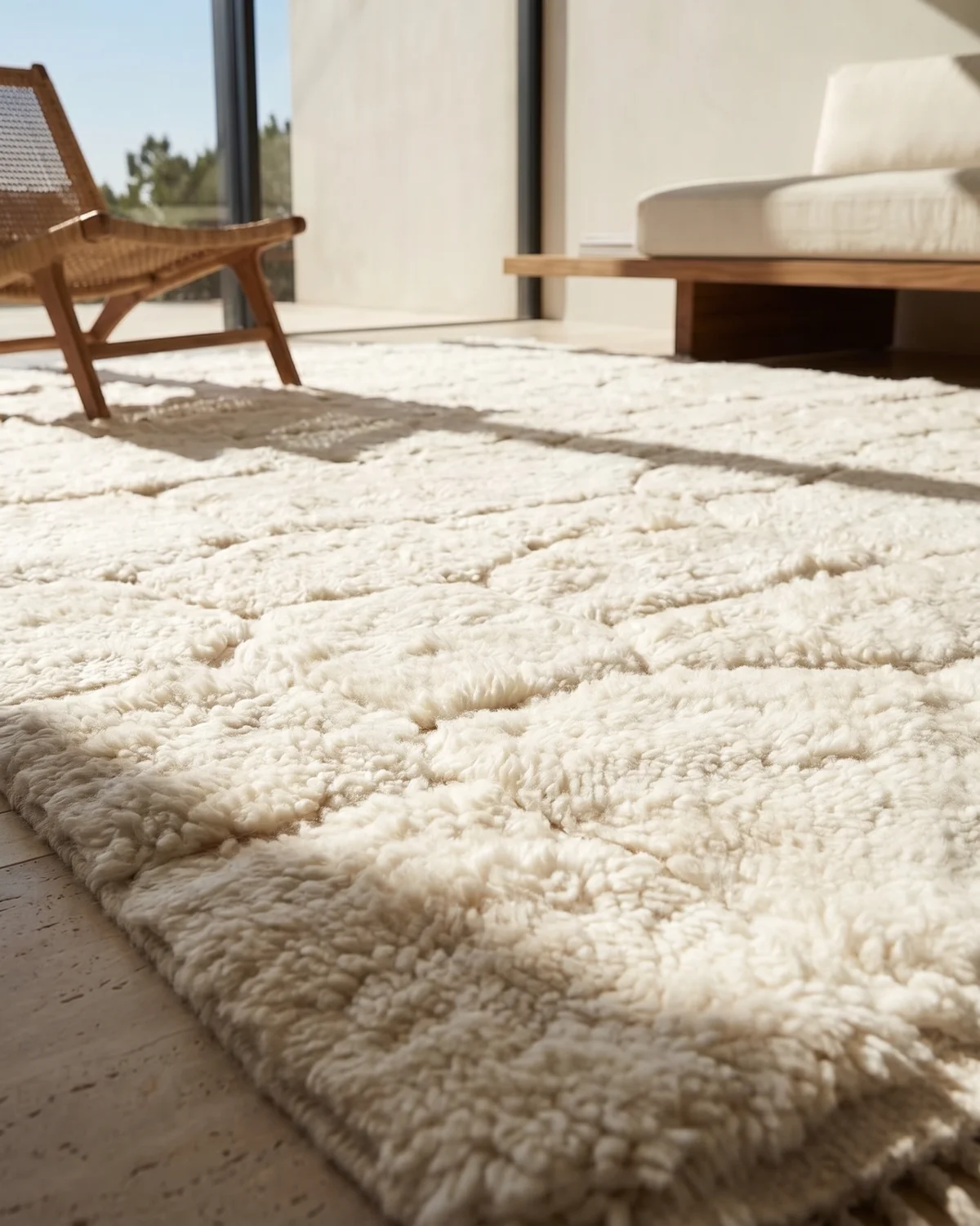 Nema fluffy ivory textured rug – ground-level close-up of organic wool blocks in a sunlit room with rattan chair and wood daybed