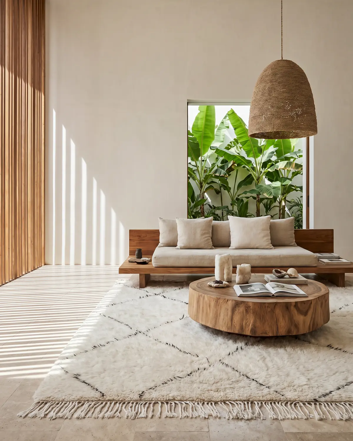 Noa Beni Ourain rug – full interior view in a bright tropical living room with wood daybed, round log coffee table and rattan pendant