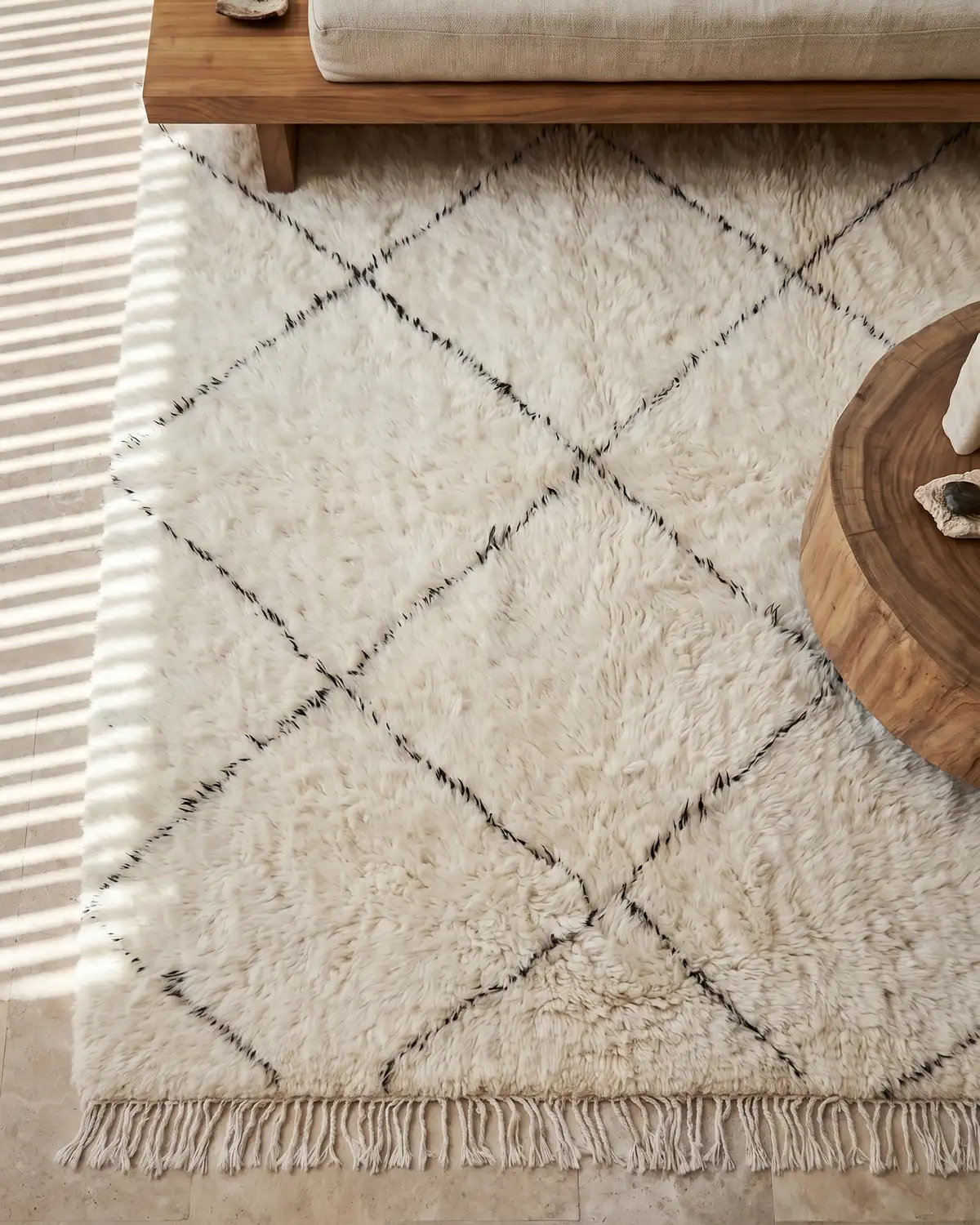 Noa shaggy ivory diamond Moroccan rug – overhead view of large black line pattern and fringe with round wood coffee table