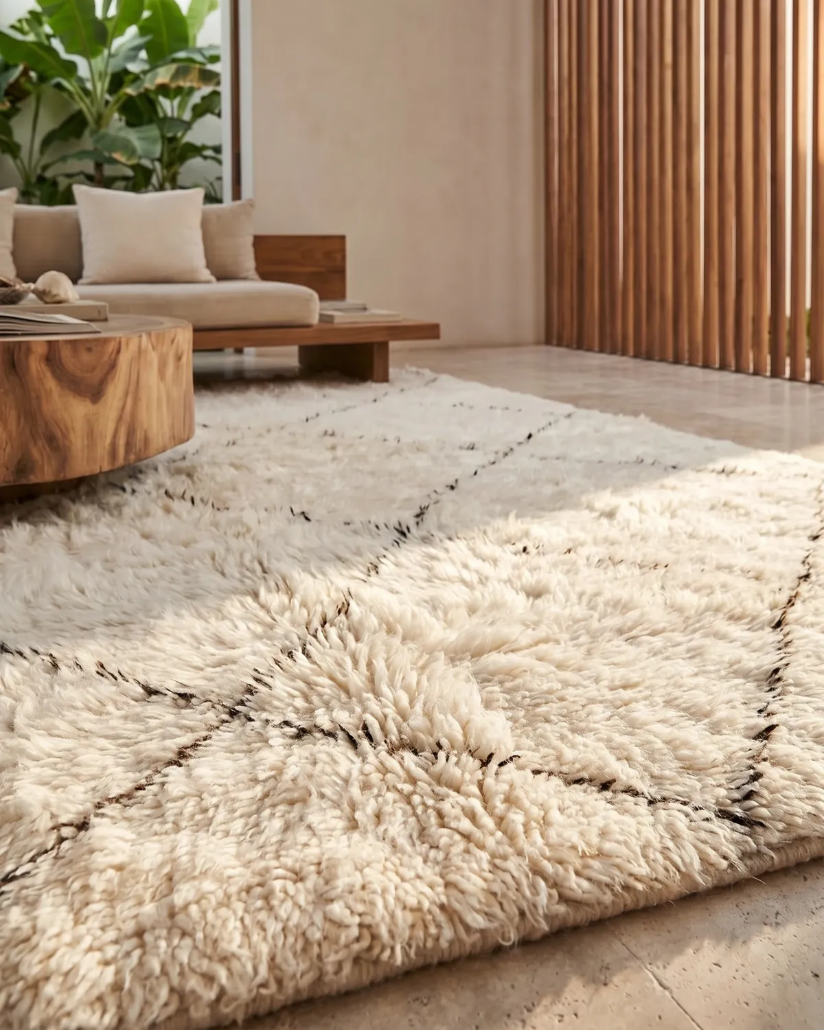 Noa fluffy white Beni Ourain rug – ground-level close-up of large black diamond lines in a warm wood and tropical interior