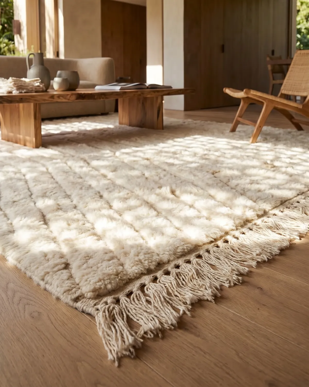 Opale ivory Moroccan rug – fluffy white wool with geometric relief and fringe, styled with wood coffee table and rattan chair