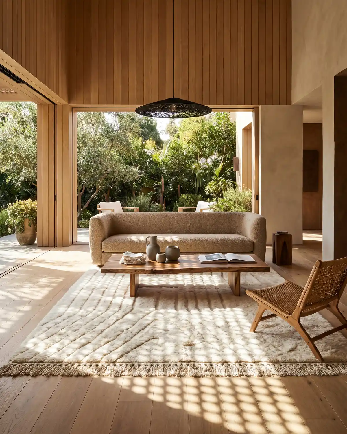 Opale ivory wool rug – full interior view in an open living room with rattan chair and garden view