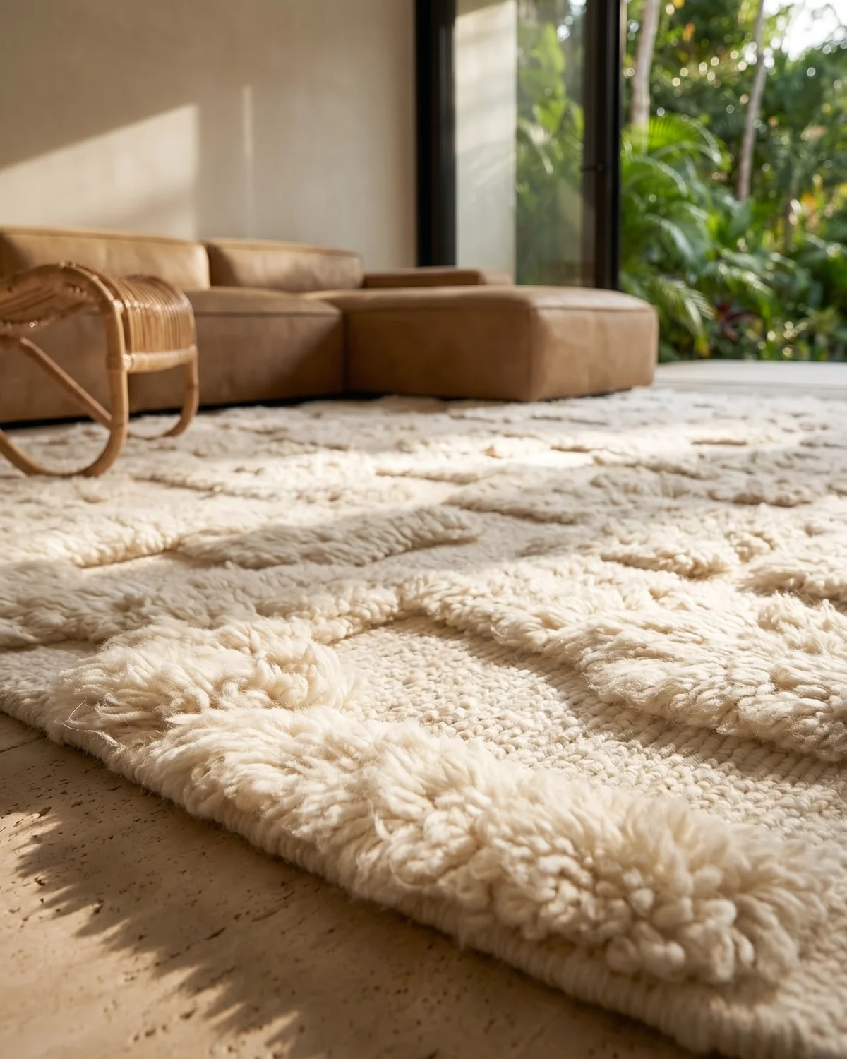 Philippine fluffy white Moroccan rug – ground-level close-up of dense square wool relief in a tropical living room
