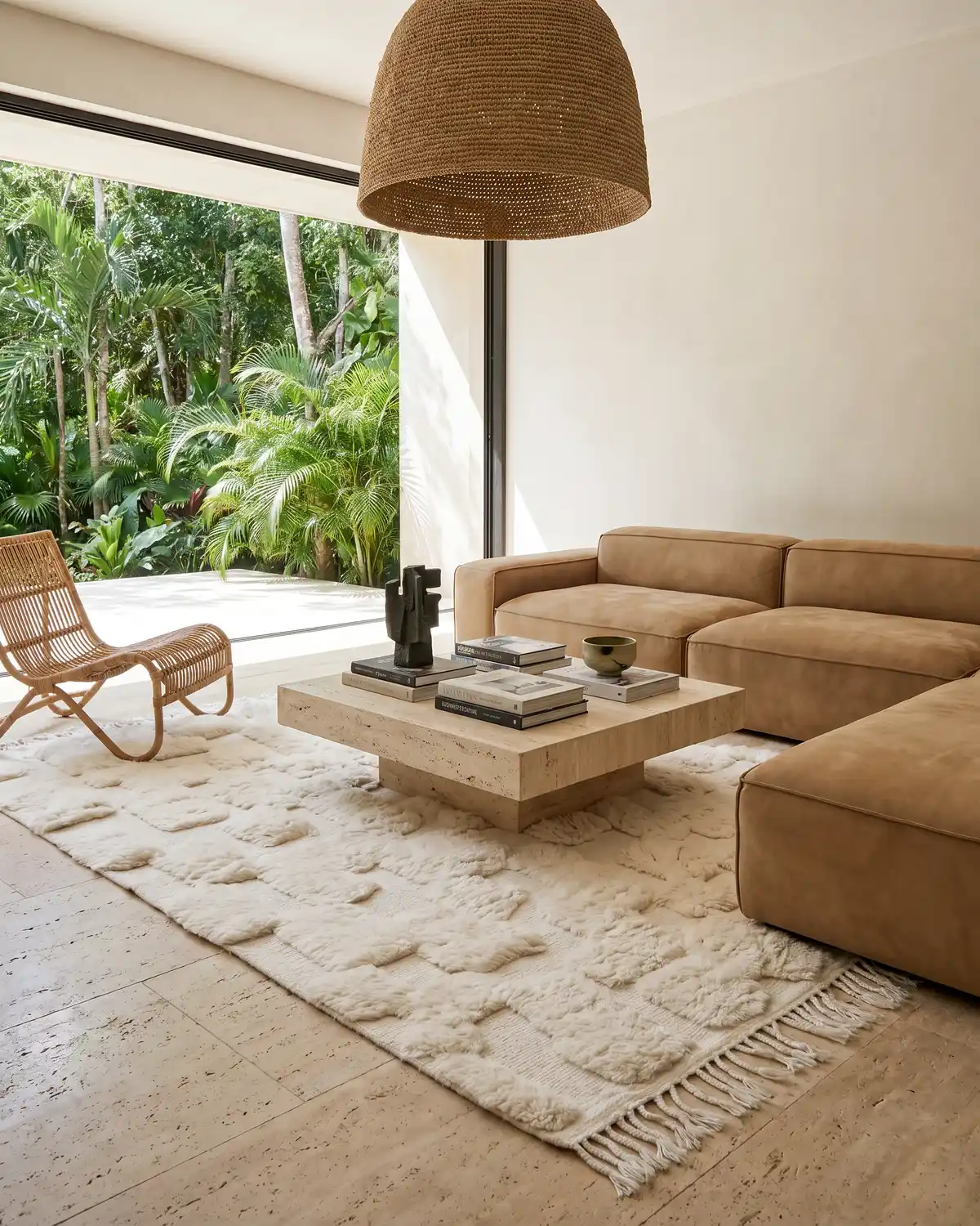 Philippine ivory square-relief Moroccan rug – full interior view with leather sofa, travertine coffee table and rattan pendant
