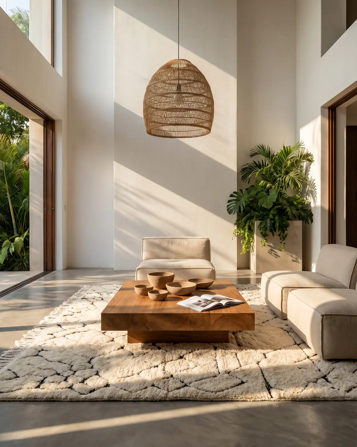 Velunithia ivory organic Moroccan rug – full interior view in a bright tropical living room with wood coffee table and rattan pendant light