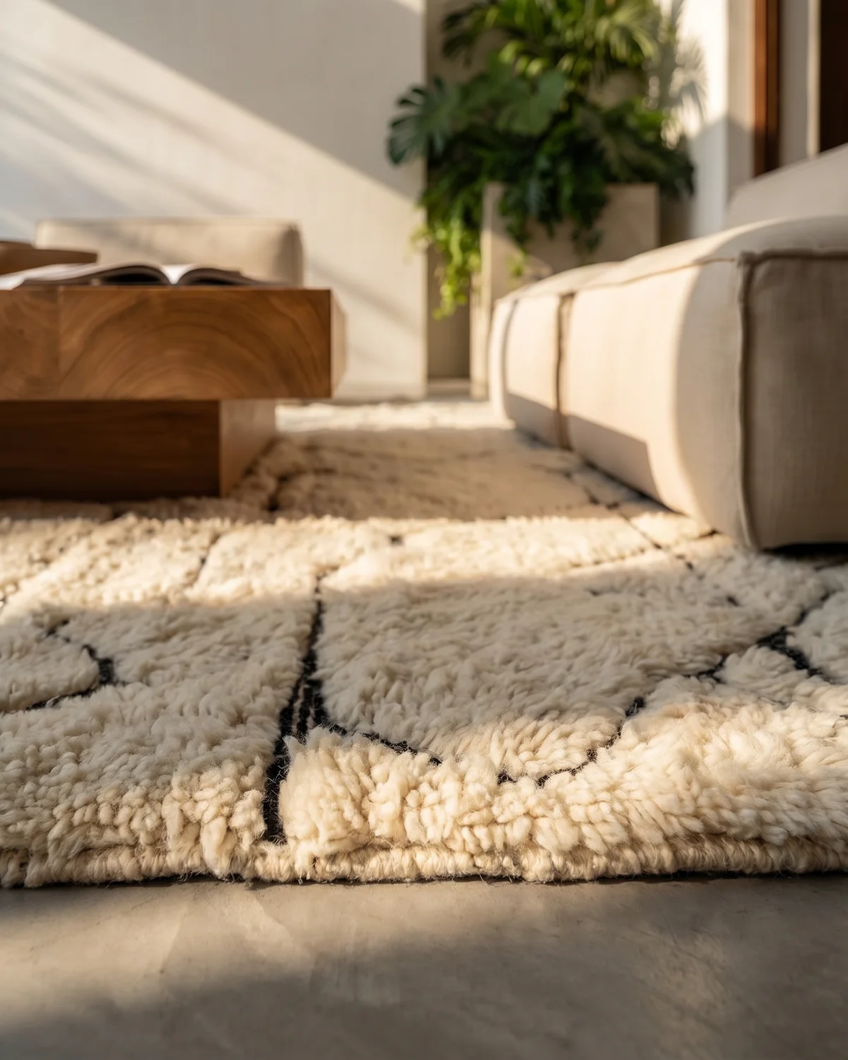 Velunithia fluffy white Moroccan rug – ground-level close-up of dense organic wool pattern in a sunlit room with wood coffee table