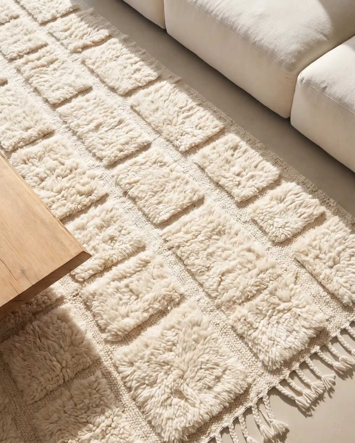 Elio M'Rirt rug detail – overhead close-up of sculpted rectangular wool blocks with soft shadows beside a linen sofa
