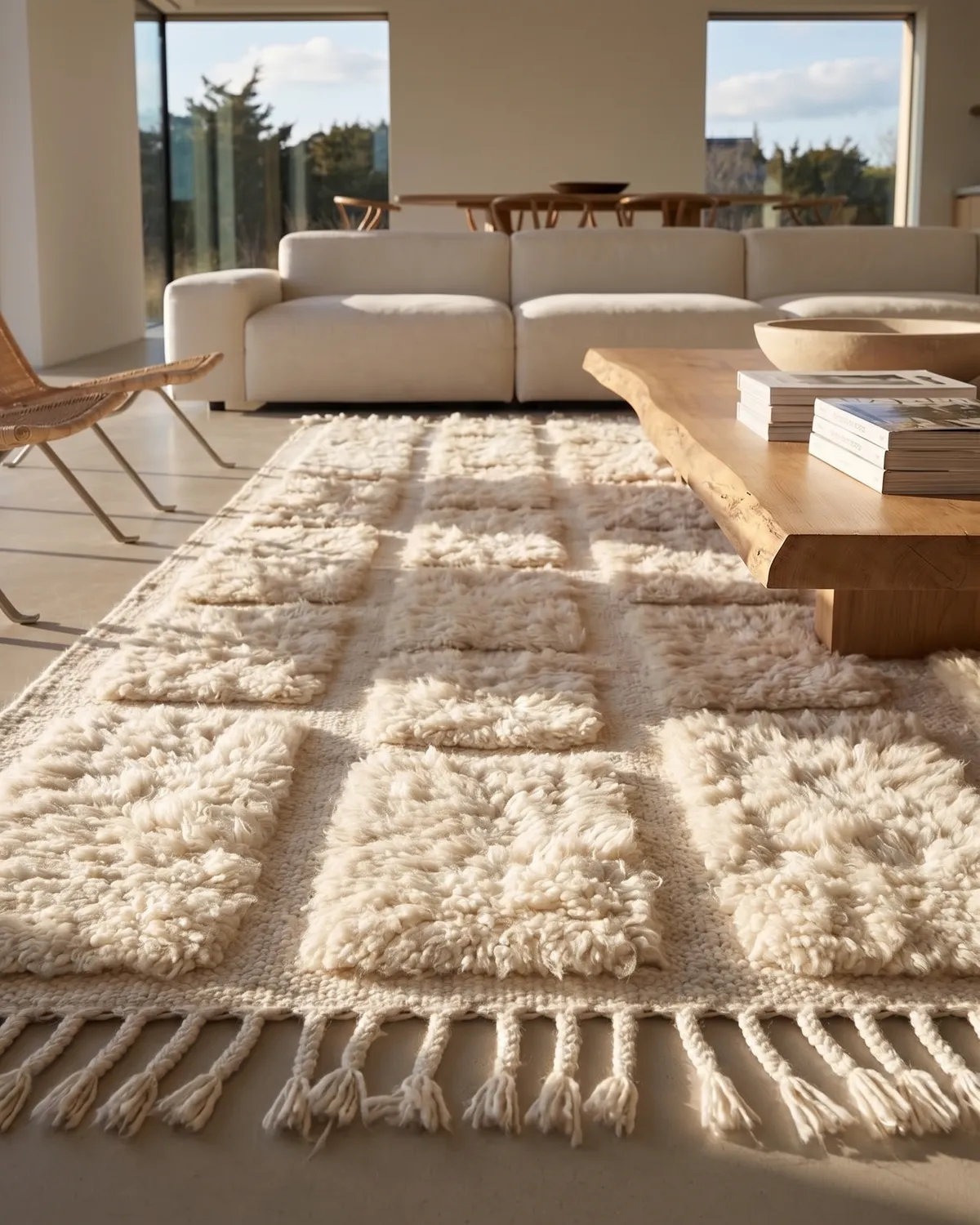 Elio handwoven rug detail – low-angle view of raised block pattern in natural wool with knotted fringe in a sunlit contemporary interior