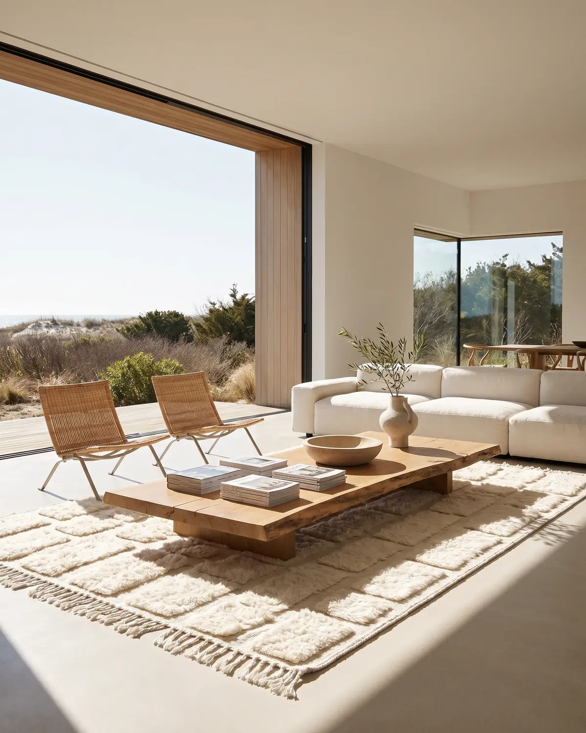 Elio Moroccan wool rug – ivory sculptured block rug grounding a bright coastal living room with raw wood coffee table and rattan chairs