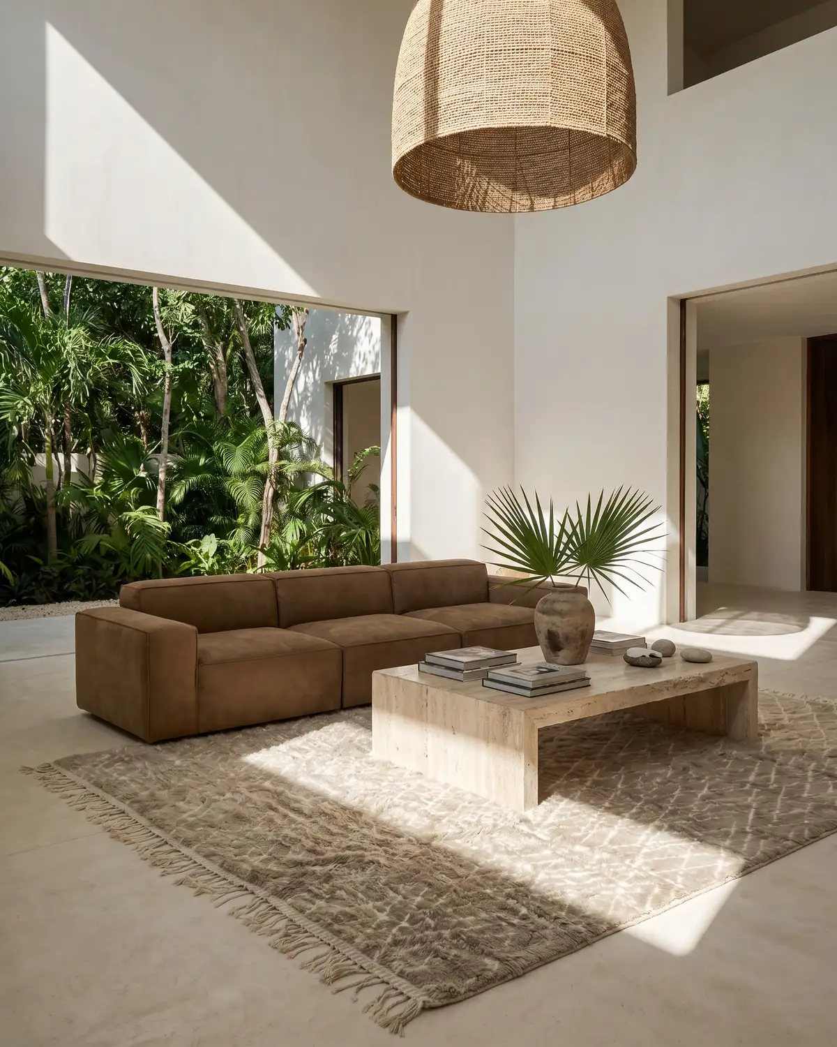 Deserelle diamond Moroccan rug – sandy beige rug grounding a sun-filled living room with leather sofa and travertine coffee table