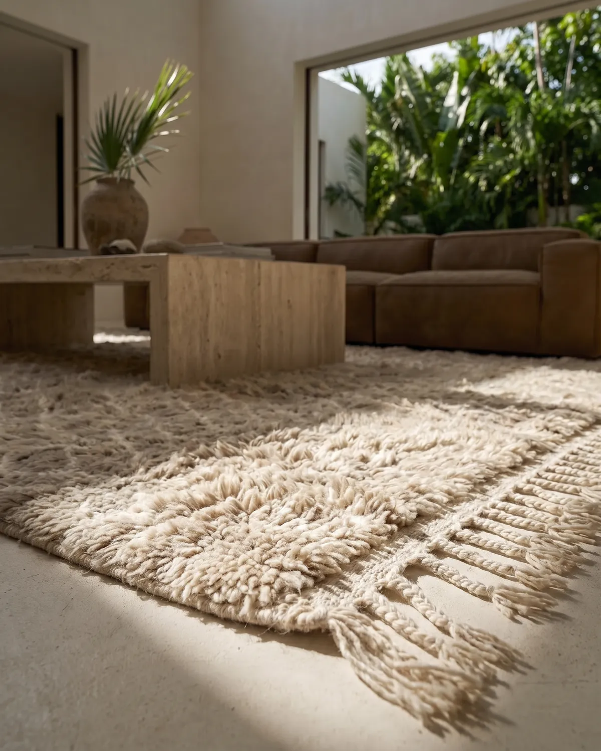 Deserelle handwoven rug detail – low-angle close-up of dense natural wool pile and twisted fringe in a bright interior with tropical garden view