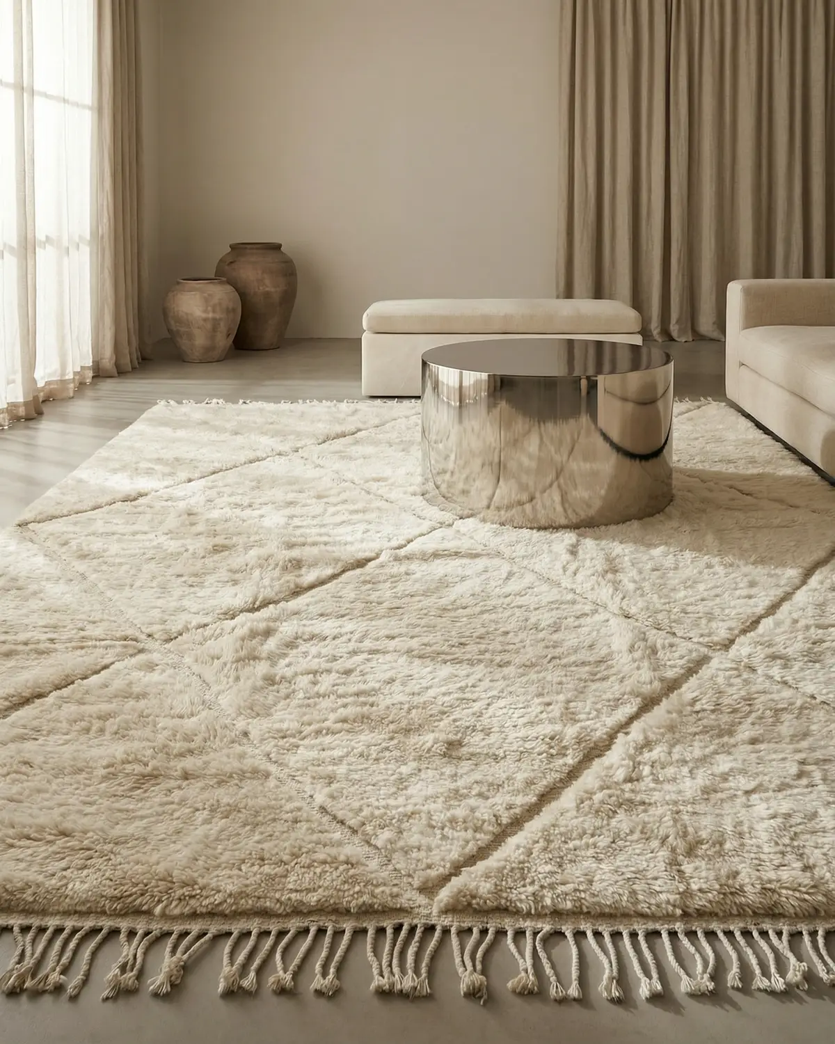 Lou large diamond rug – ivory Beni Ourain rug with geometric relief anchoring a minimal living room with polished steel coffee table and terracotta vessels