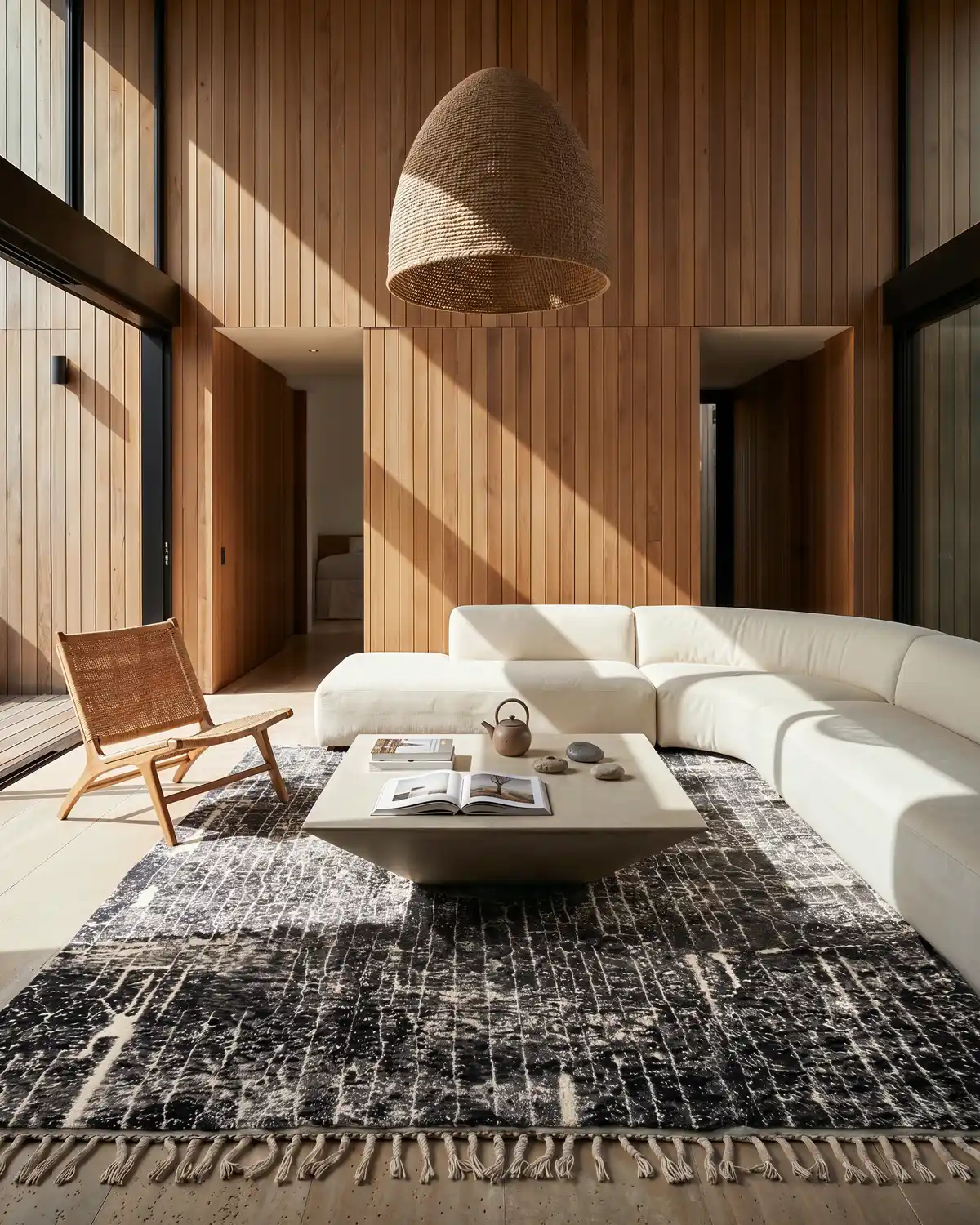 Hector large Moroccan wool rug – black textured rug anchoring a contemporary living room with curved white sofa and timber-panelled walls