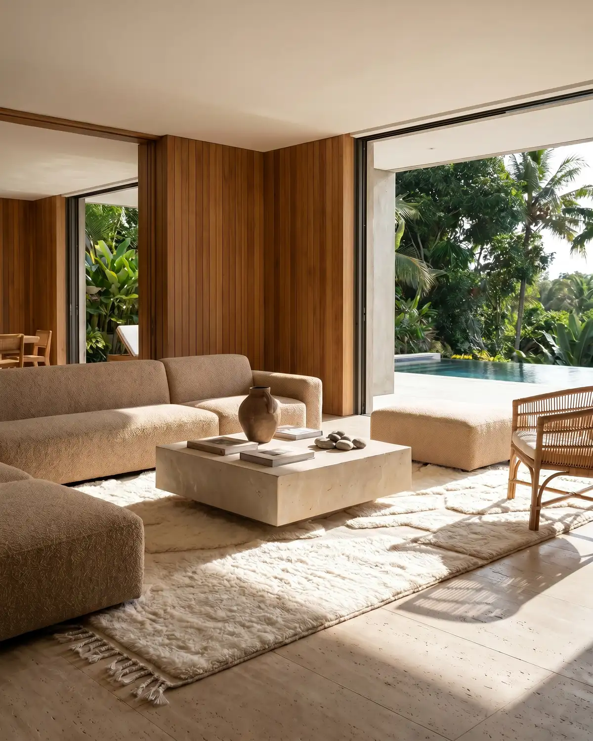 Coco Moroccan wool rug – ivory organic line rug grounding a tropical open living room with travertine coffee table and rattan furniture